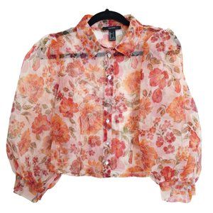 Sheer Floral Blouse, Red/Multicolor, Small